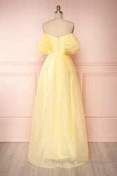 Yellow tulle off shoulder long Semi Formal Prom Dresses yellow formal Dresses